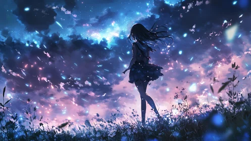 Silhouette girl under luminous twilight meteor sky.
