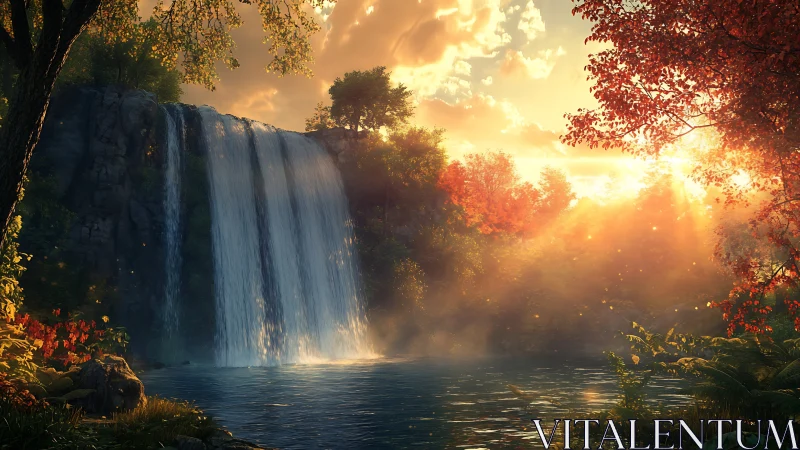 Sunlit autumn waterfall framed by glowing forest mist.