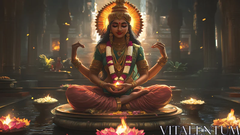 Radiant goddess in serene temple glow welcomes quiet reflection