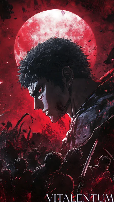 Blood-red moon looms behind vengeful anime warrior profile.