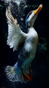 Underwater duck ascending with spread wings in bubbles.
