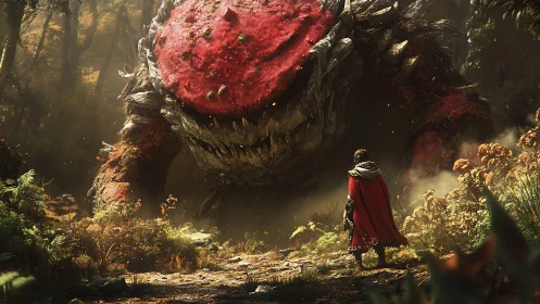 Cloaked wanderer confronts moss titan in emberlit forest.