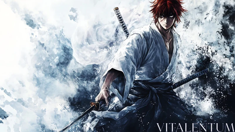 Fierce red haired swordsman rising from swirling water storm.