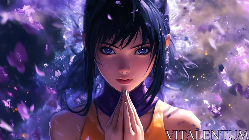 Focused anime girl amid swirling purple particles.