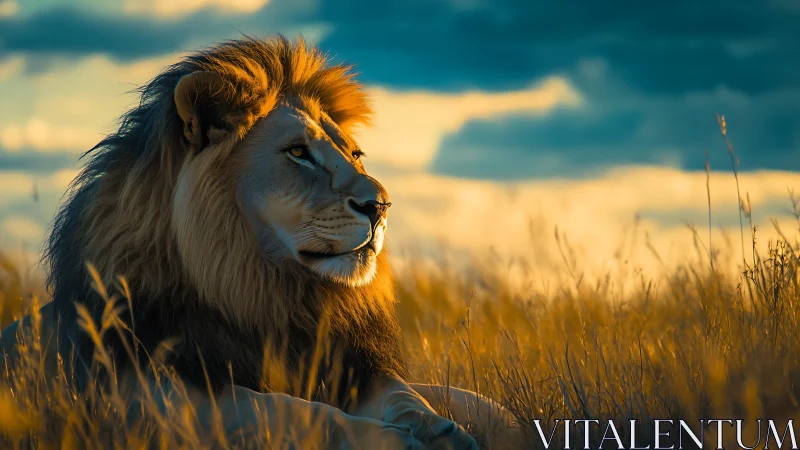 Golden savanna lion resting softly in evening light.