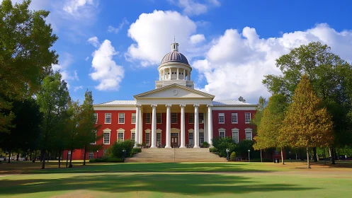 Red neoclassical civic building with dome centered on lawn