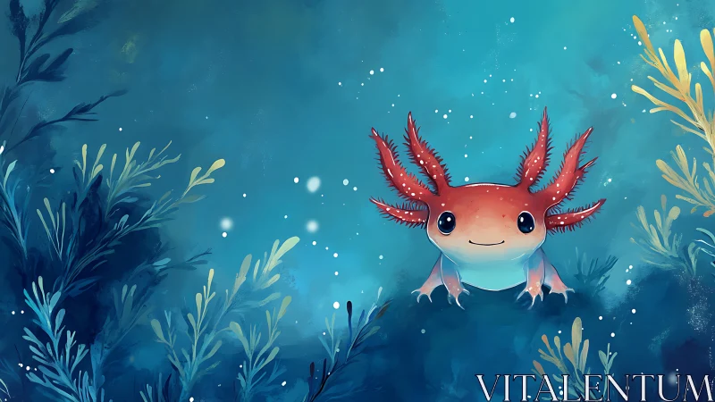 Cheerful coral-crowned axolotl drifts in teal daydreams.