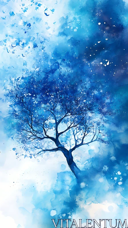 Solitary tree rendered in blue abstract watercolor space.