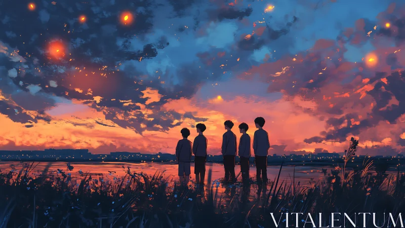 Five silhouetted friends under vivid sunset sky.