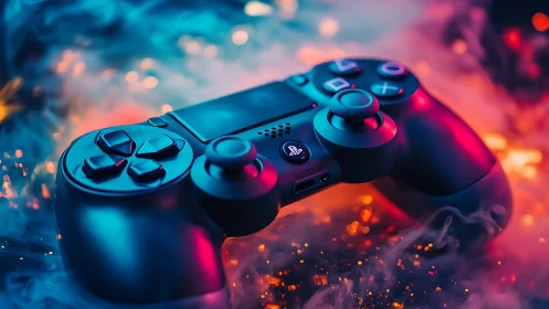 Neon-lit gamepad floats like a starship over pixel smoke