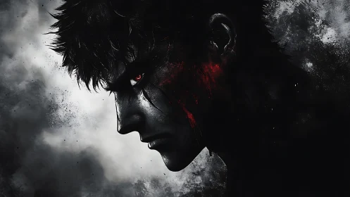 Monochrome warrior profile with red ocular glow and scars