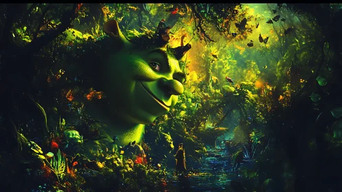Ogre guardian peers playfully through a glowing storybook forest