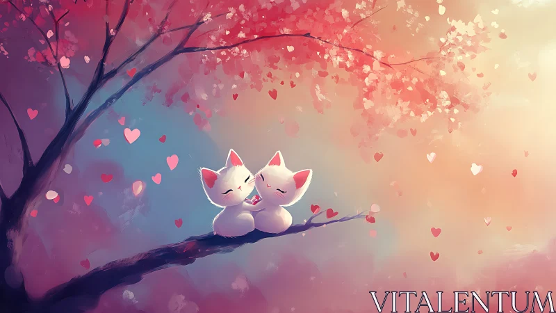 Two white cats on branch beneath flowering tree with falling hearts.