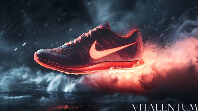 Ignited running shoe soars through stormy neon mist