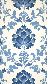 Symmetric blue damask floral repeat with stylized foliated motifs.