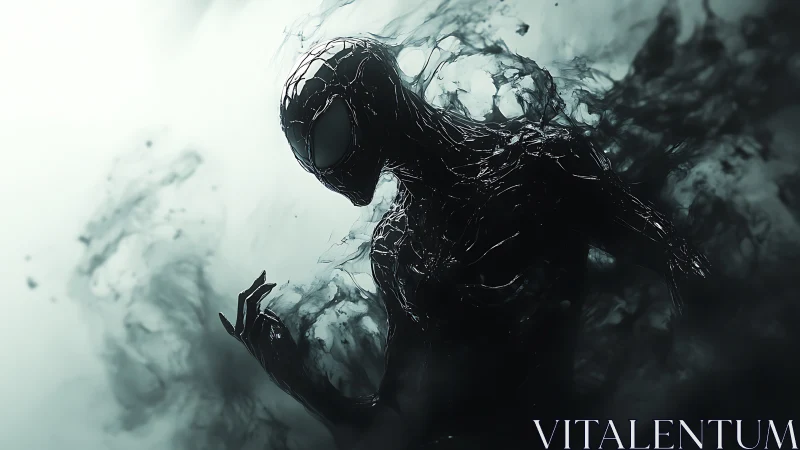Liquid black humanoid figure in swirling mist environment.