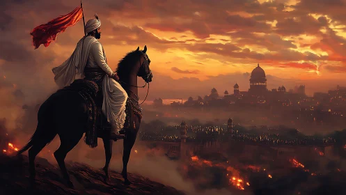 Armored rider surveys burning fortified city under ember sky