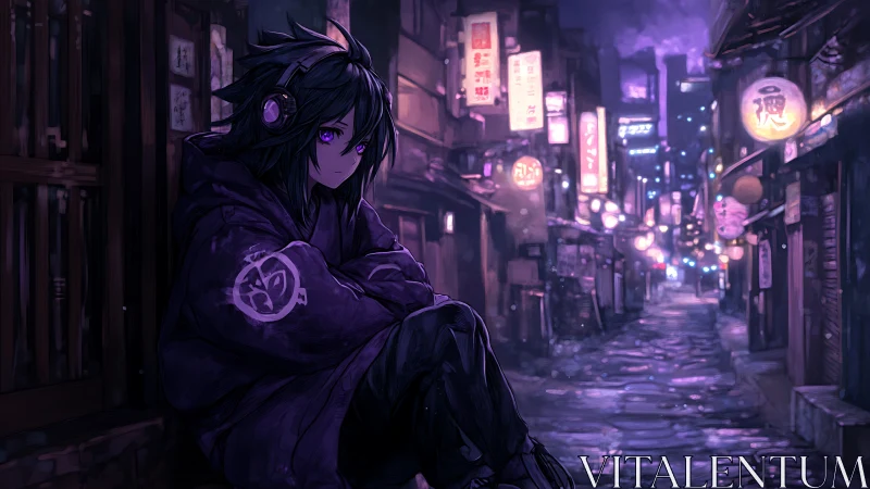 Solitary headphone listener in neon-lit rainy alley at night.