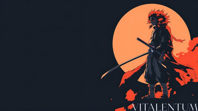 Samurai warrior silhoutted before blazing orange moon