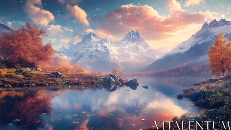 Snowy mountain lake with vivid autumn trees at sunset.