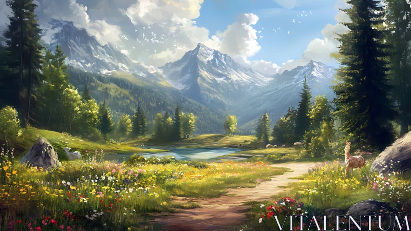 Sunlit mountain meadow with a quiet lake and gentle deer.