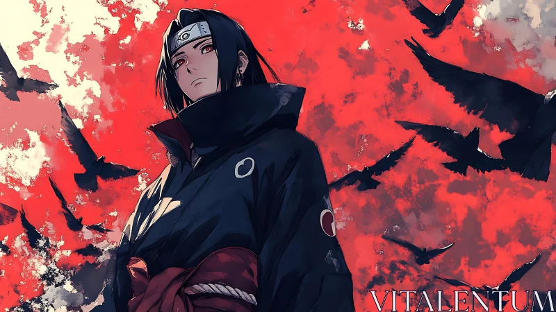 Stoic anime warrior stands amid crows in a crimson sky