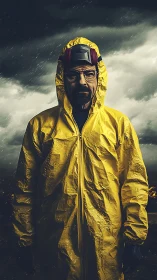Storm-lit figure in yellow hazmat suit faces the night.