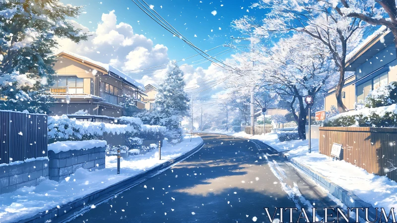 Sunlit suburban street under crystalline winter snowfall.