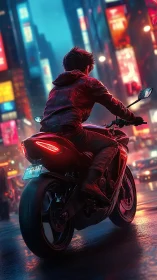 Motorcyclist in rain-soaked neon city street at night scene.