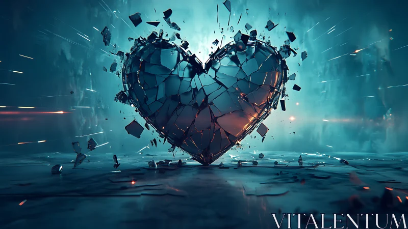 Fractured digital heart shatters amid cyan energy burst.