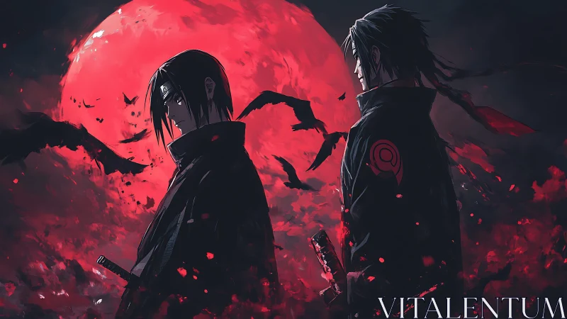 Anime warriors under blood moon with dynamic bilateral composition.