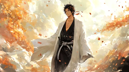 Samurai warrior stands calm amid radiant autumn storm