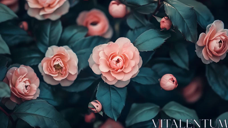 Coral Blooms Whisper Through Teal Foliage Symphony.