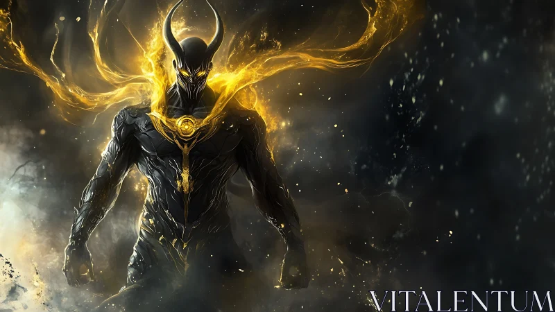 Horned cosmic warlord wreathed in molten golden energy.