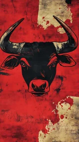 Bold bull portrait on distressed red and gold canvas.