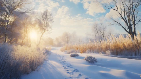 Low-sun winter riverbank with snow track and frosted reeds