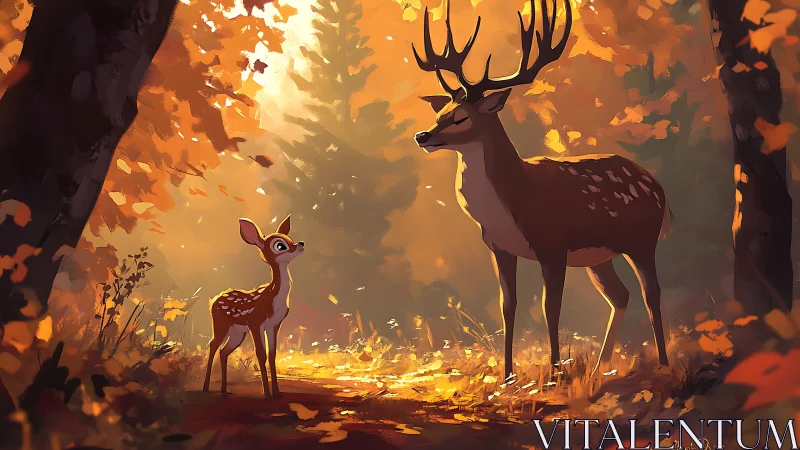 Digital painting of deer in luminous autumn forest glade.