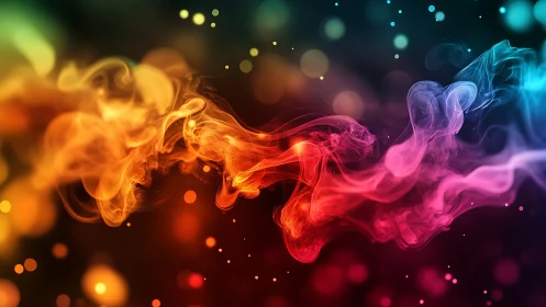 Multicolored abstract smoke ribbon on dark blurred background.