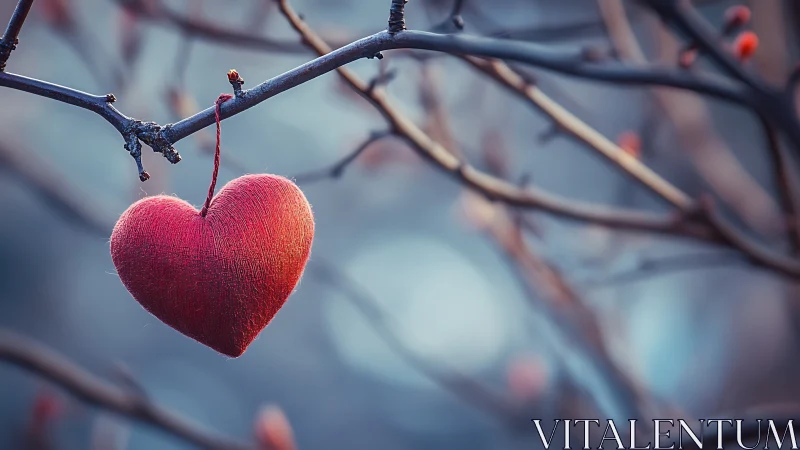 Red Heart Ornament Hanging on Frosted Branch.