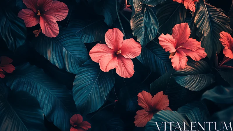 Tropical Hibiscus Blooms Glow Among Deep Teal Foliage