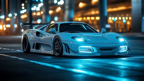 Sleek blue supercar glowing softly under city night lights.