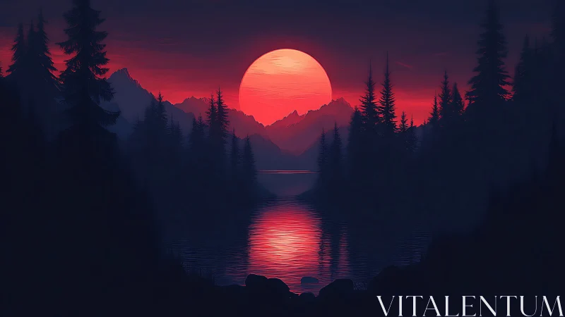 Red sun over conifer forest lake with distant mountains.