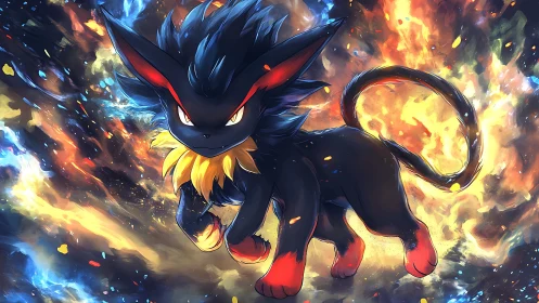 Fiery electric fox creature charging through energy storm.