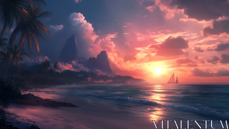 Dream-soaked tropic shoreline under a blazing storybook sunset.