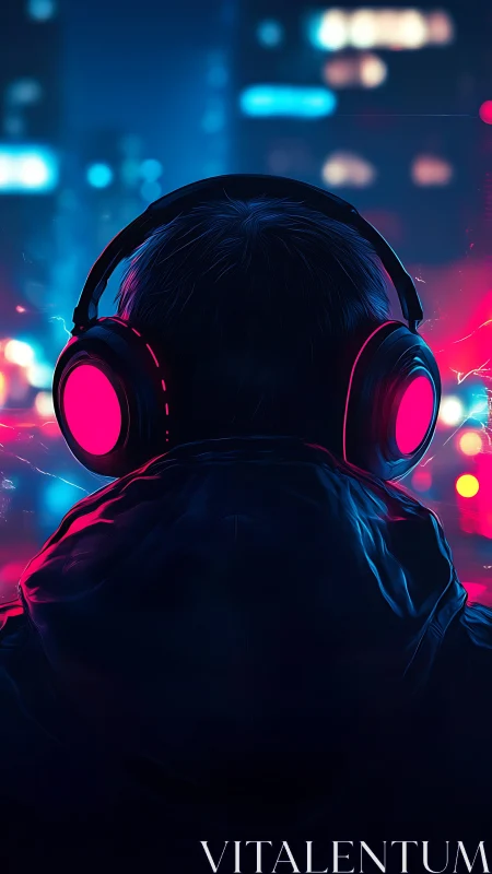 Person with headphones in neon city night environment.