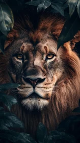 Lion portrait emerges from shadowed jungle foliage, eyes blazing
