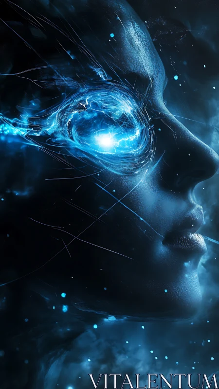 Cyberpunk neural surge portrait with luminous ocular core.