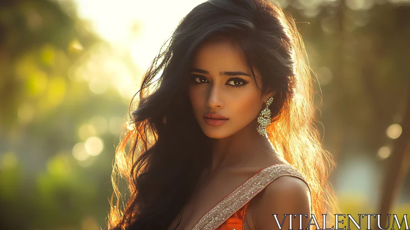 Sunlit portrait of elegant woman in shimmering ethnic dress.