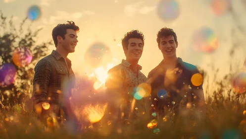 Sunlit trio laughing through floating prism bubbles at dusk.