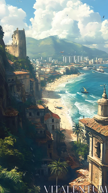 Coastal cityscape with mountains, beach and mixed buildings.